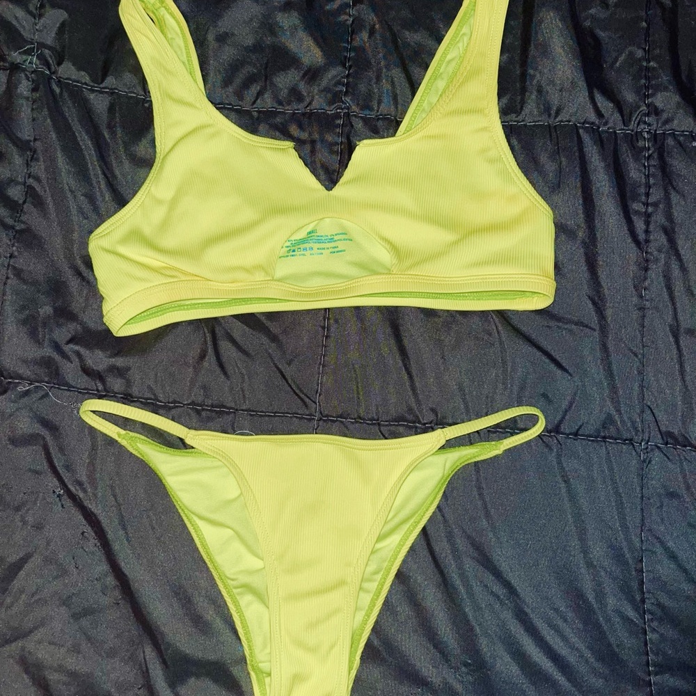 Neon yellow bikini top and bottom